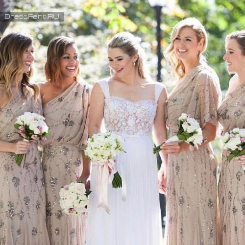 Пастельные бежевые платье в пол Adrianna Papell на свадьбу для подружек невесты в прокат